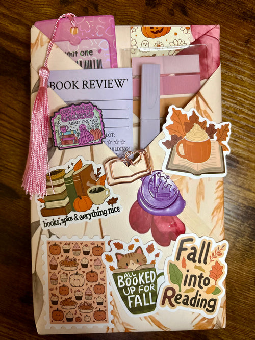 Example Blind Date with a Book paperback kit from The Midnight Bookmark featuring a wrapped mystery book and assorted bookish extras